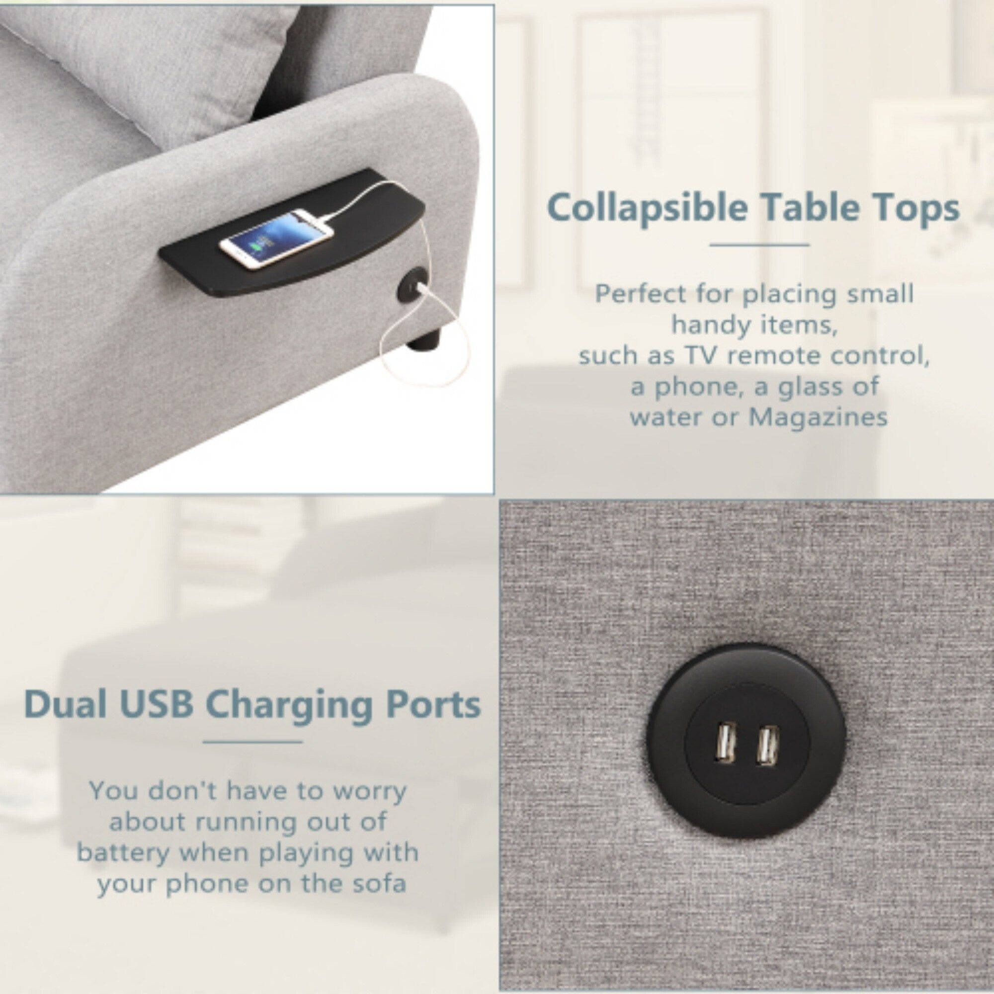 Canapé-lit gigogne 3 en 1 avec table à oreilles pliable et ports USB par Harper&Bright Designs