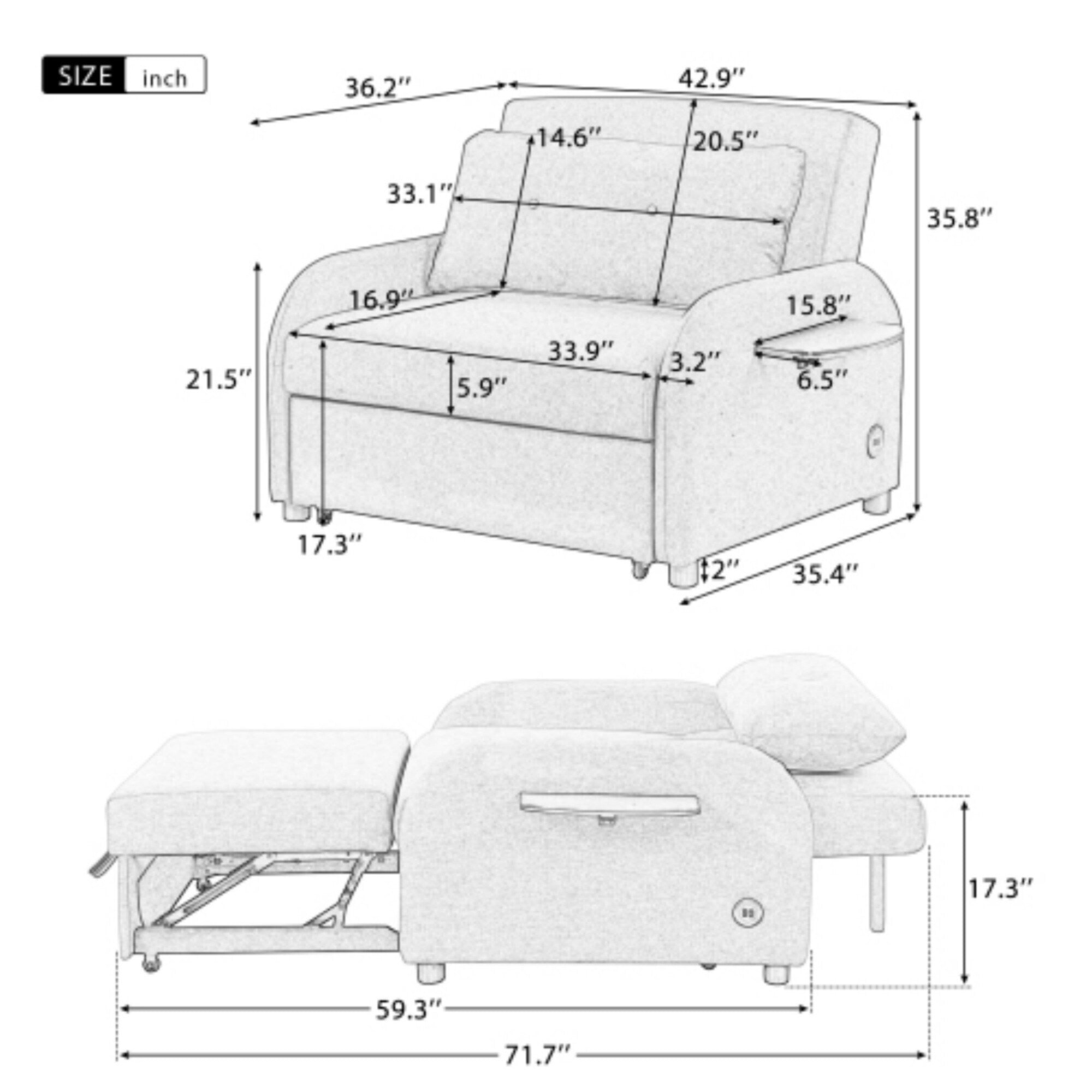 Canapé-lit gigogne 3 en 1 avec table à oreilles pliable et ports USB par Harper&Bright Designs