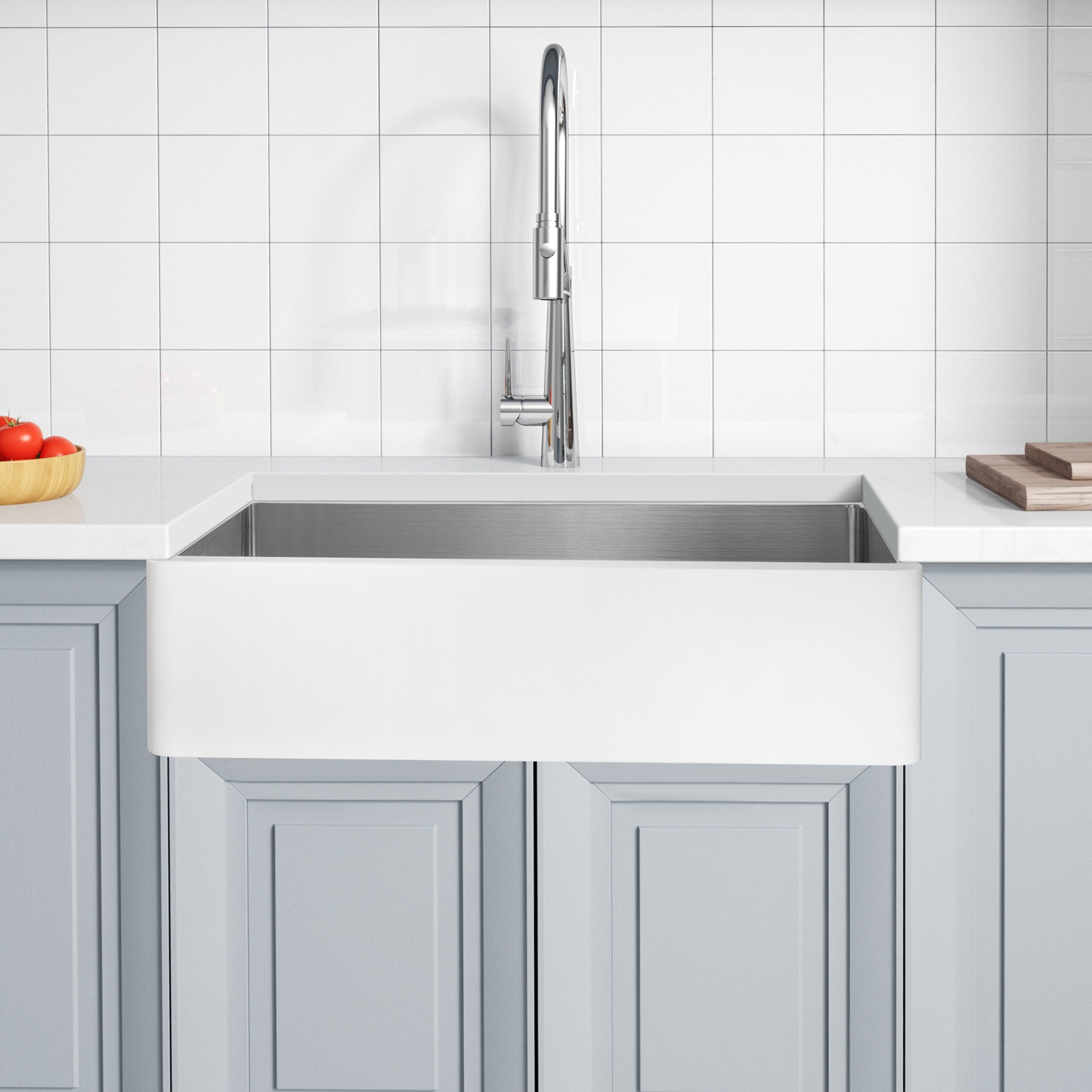 Évier de cuisine simple ANZZI Apollo blanc mat en surface solide de style ferme, 36 po, avec intérieur en acier inoxydable