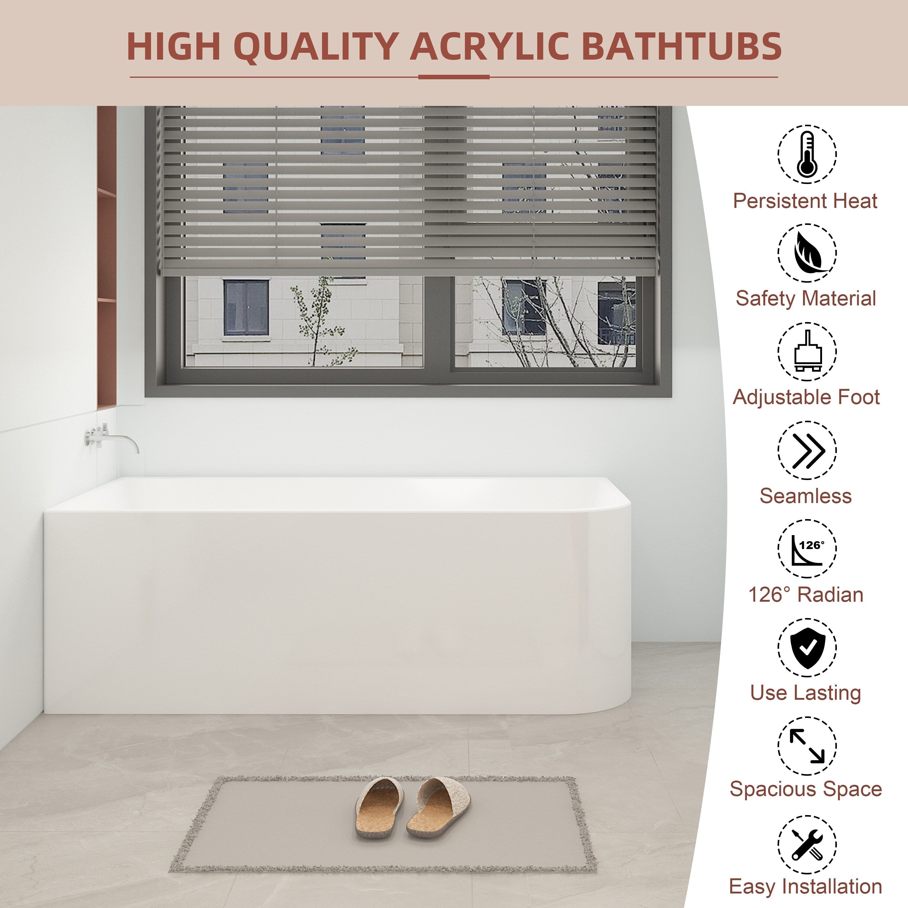 Baignoires autoportantes en acrylique CB HOME 59''/67'', baignoires simples contre le mur, trop-plein gauche/droite