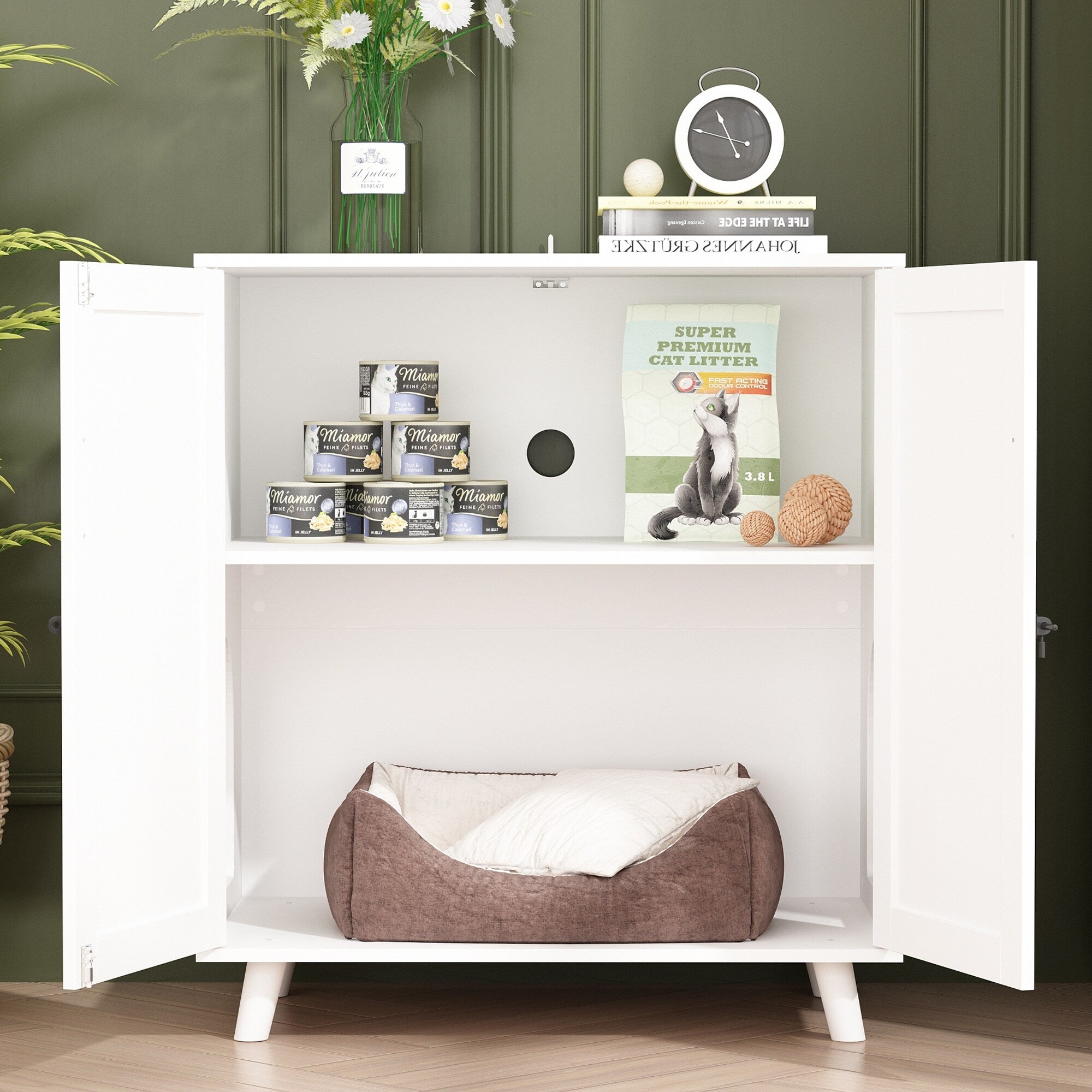 Bac à litière pour chat, maison pour chat, table d'appoint, porte, armoire, bibliothèque