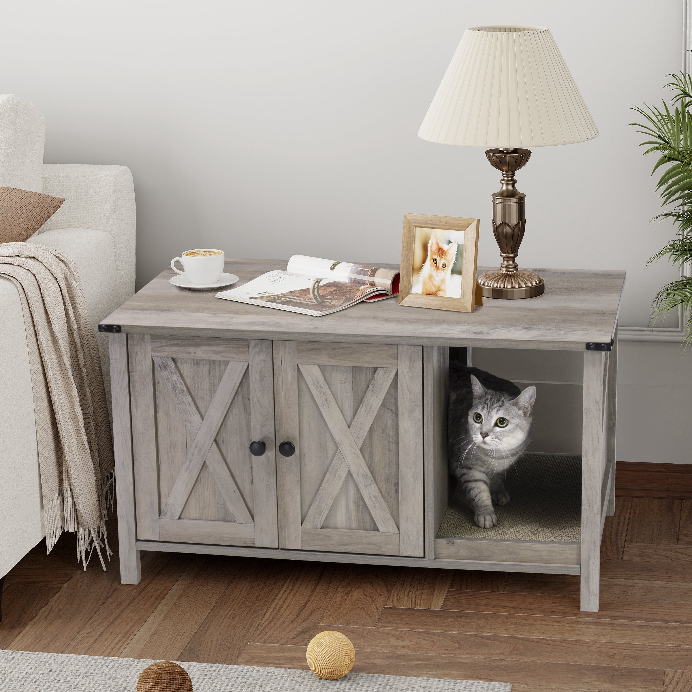 Enceinte de litière pour chat, meuble de toilette en bois caché avec griffoir