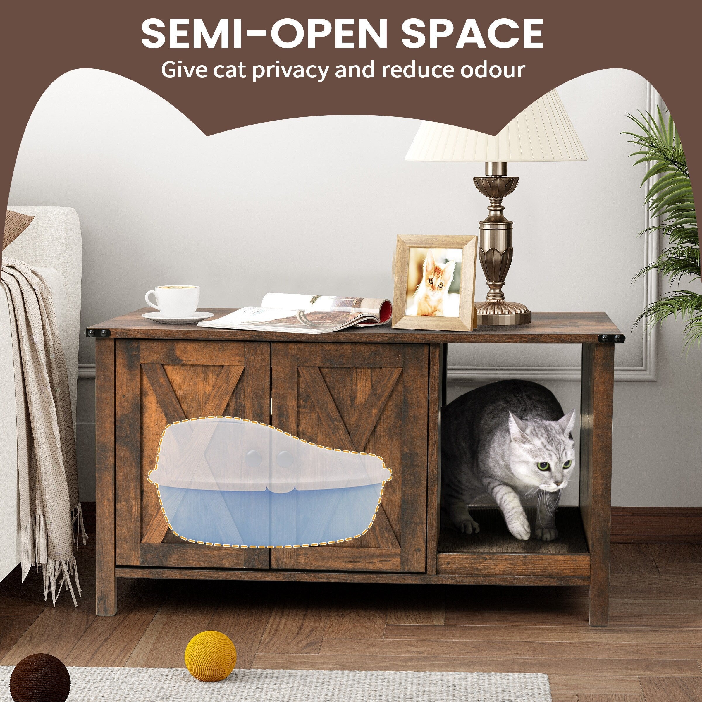 Enceinte de litière pour chat, meuble de toilette en bois caché avec griffoir