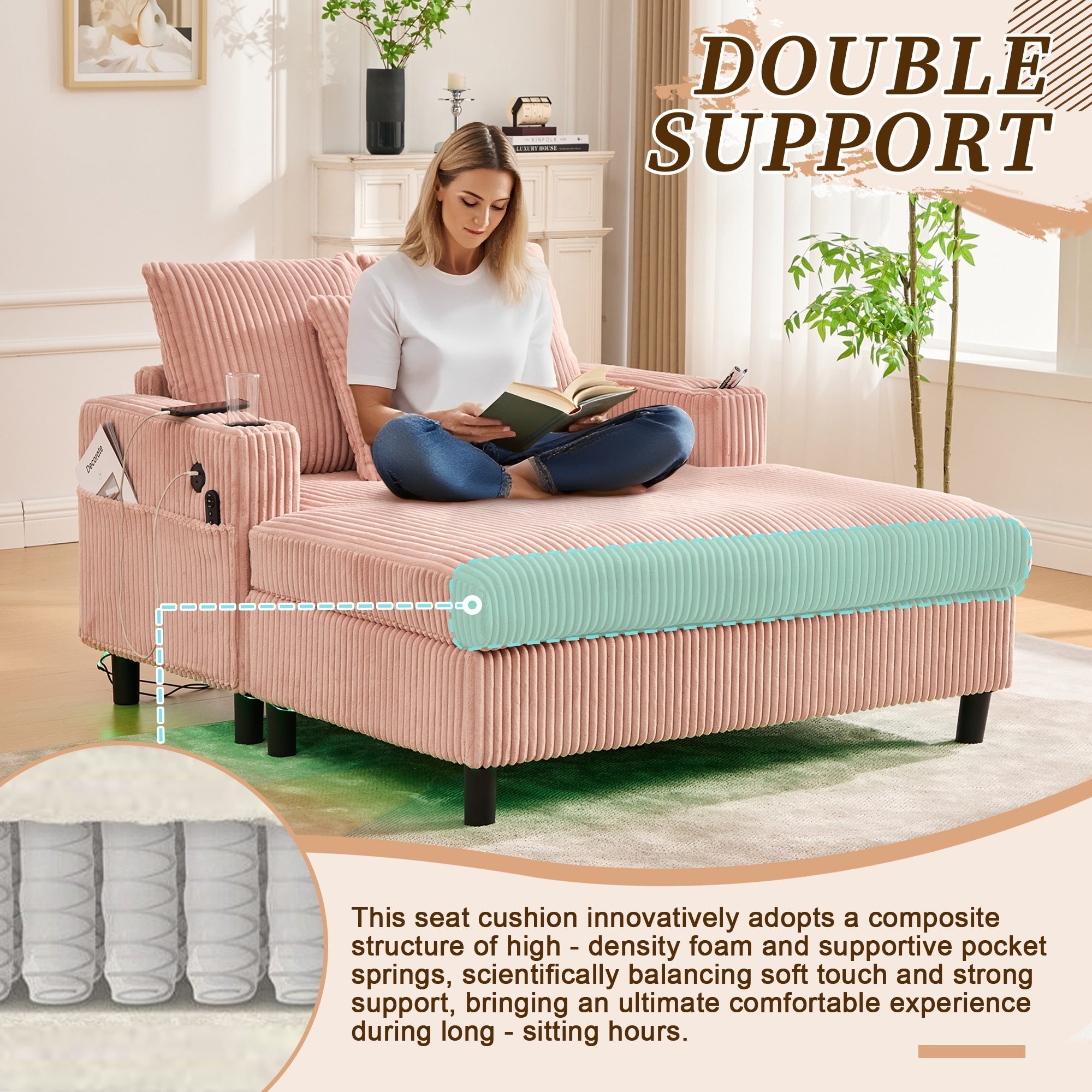 Canapé-lit inclinable surdimensionné HOMEFUN en velours côtelé avec éclairage LED RVB, porte-gobelet, port USB et 3 oreillers