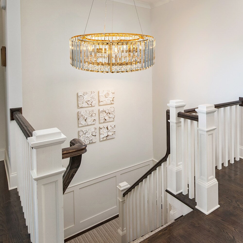 Lustre rond moderne en cristal OYIPRO 6/8/12 lumières en forme de tambour pour îlot de cuisine