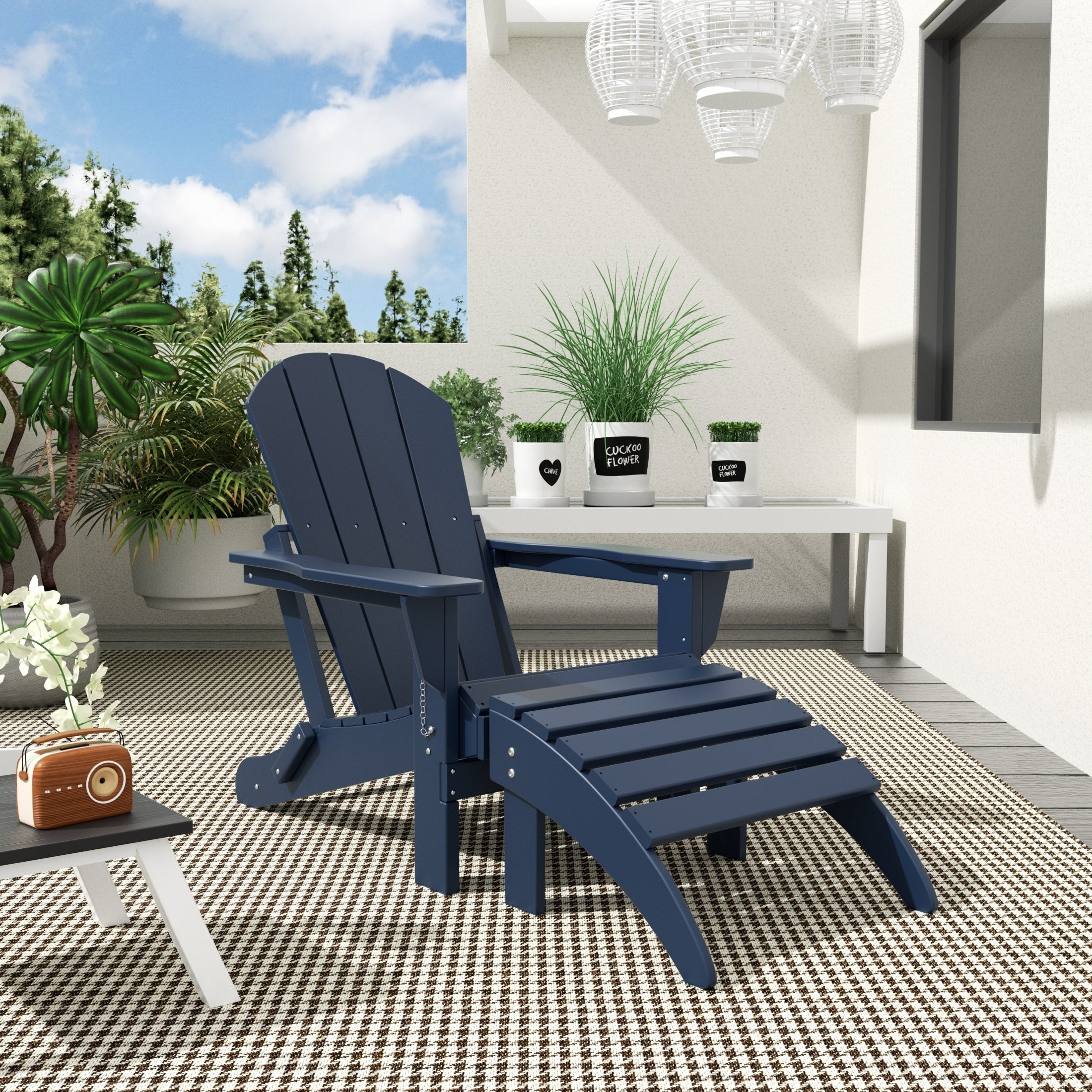 Chaise Adirondack pliable Polytrends Laguna en PEHD pour terrasse extérieure toutes saisons avec pouf (ensemble 2 pièces)