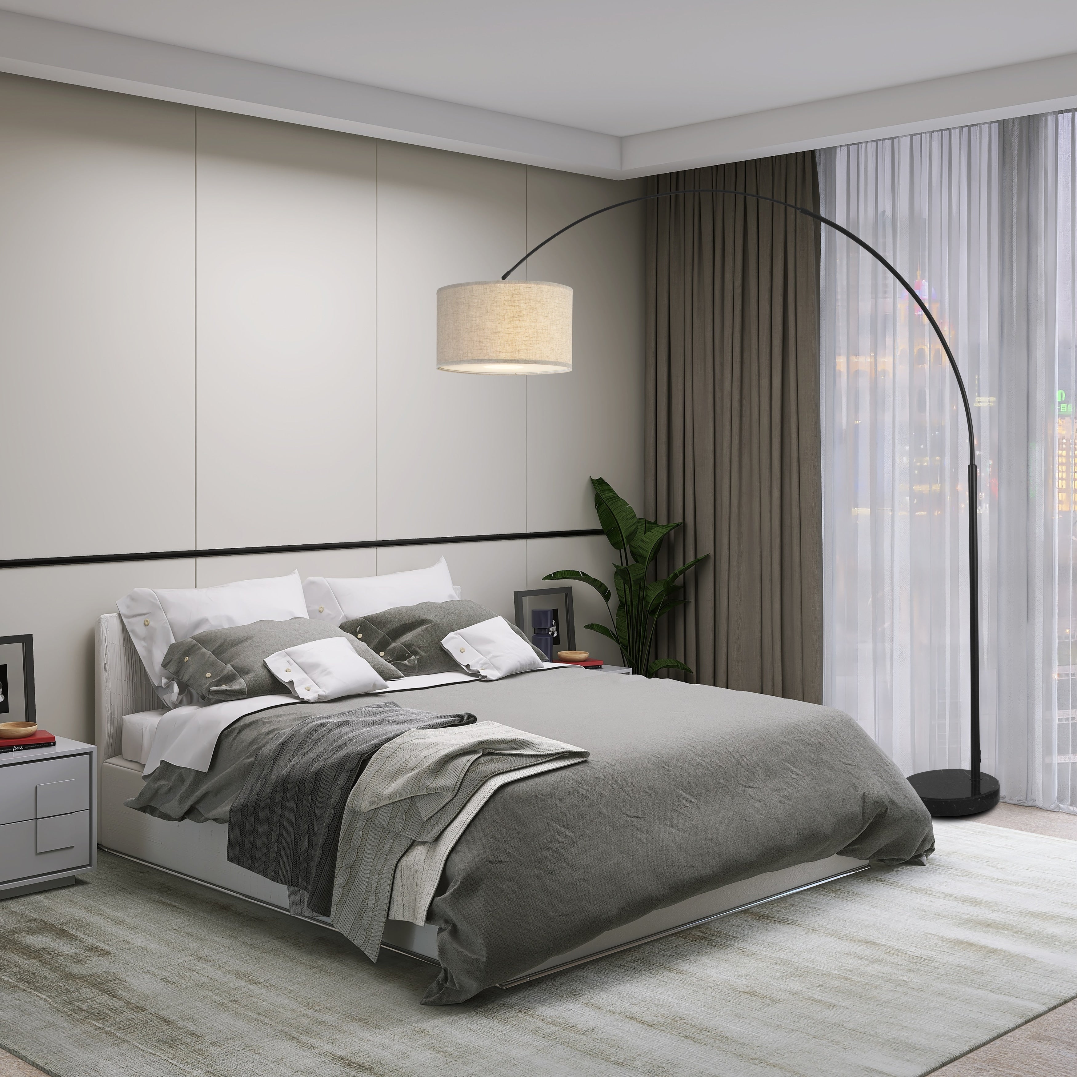 Lampadaire arqué réglable en acier Q-Max 81 avec abat-jour extra large et base en marbre