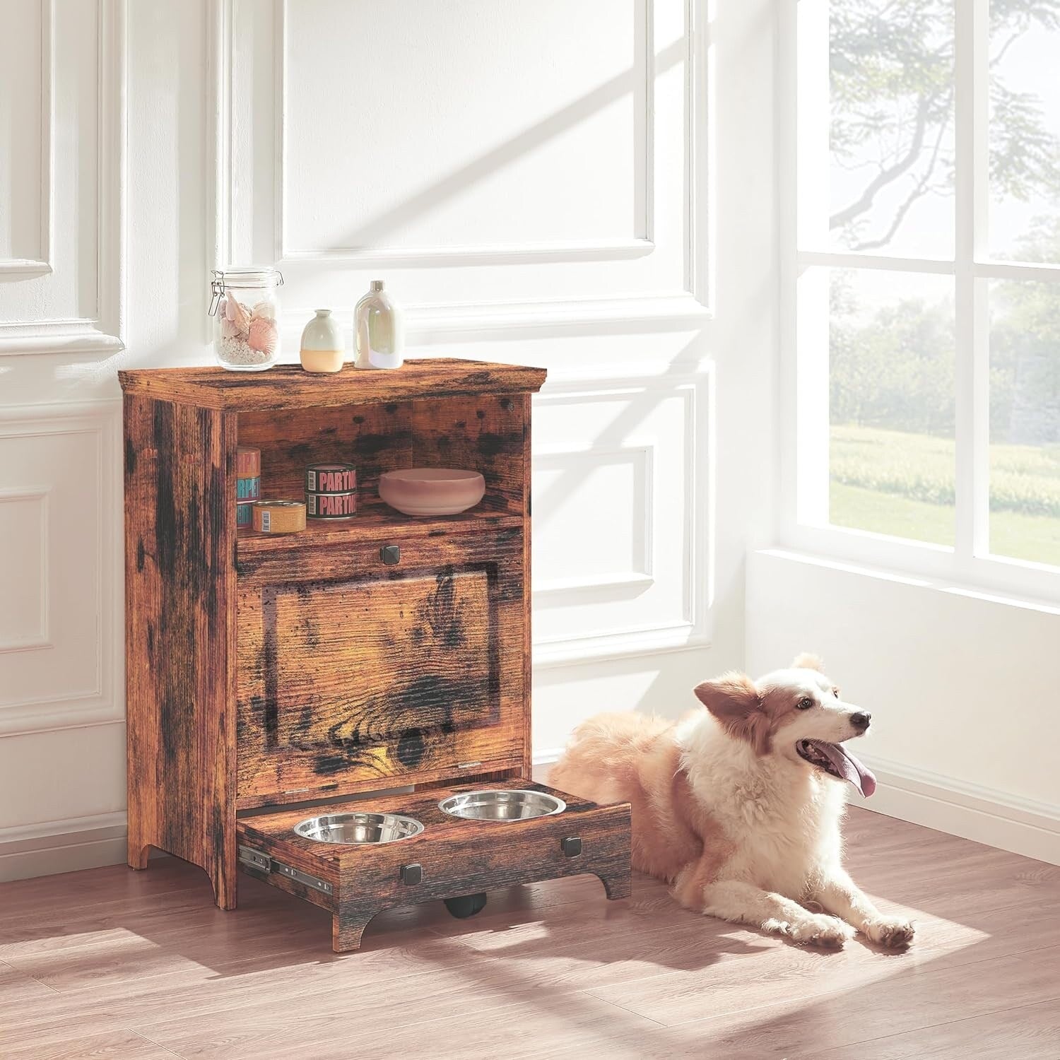 Station d'alimentation pour chiens Roomfitters avec 2 gamelles surélevées et armoire d'alimentation inclinable pour animaux de compagnie