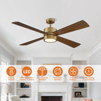 Ventilateur de plafond d'intérieur à 4 pales en laiton antique avec éclairage et télécommande