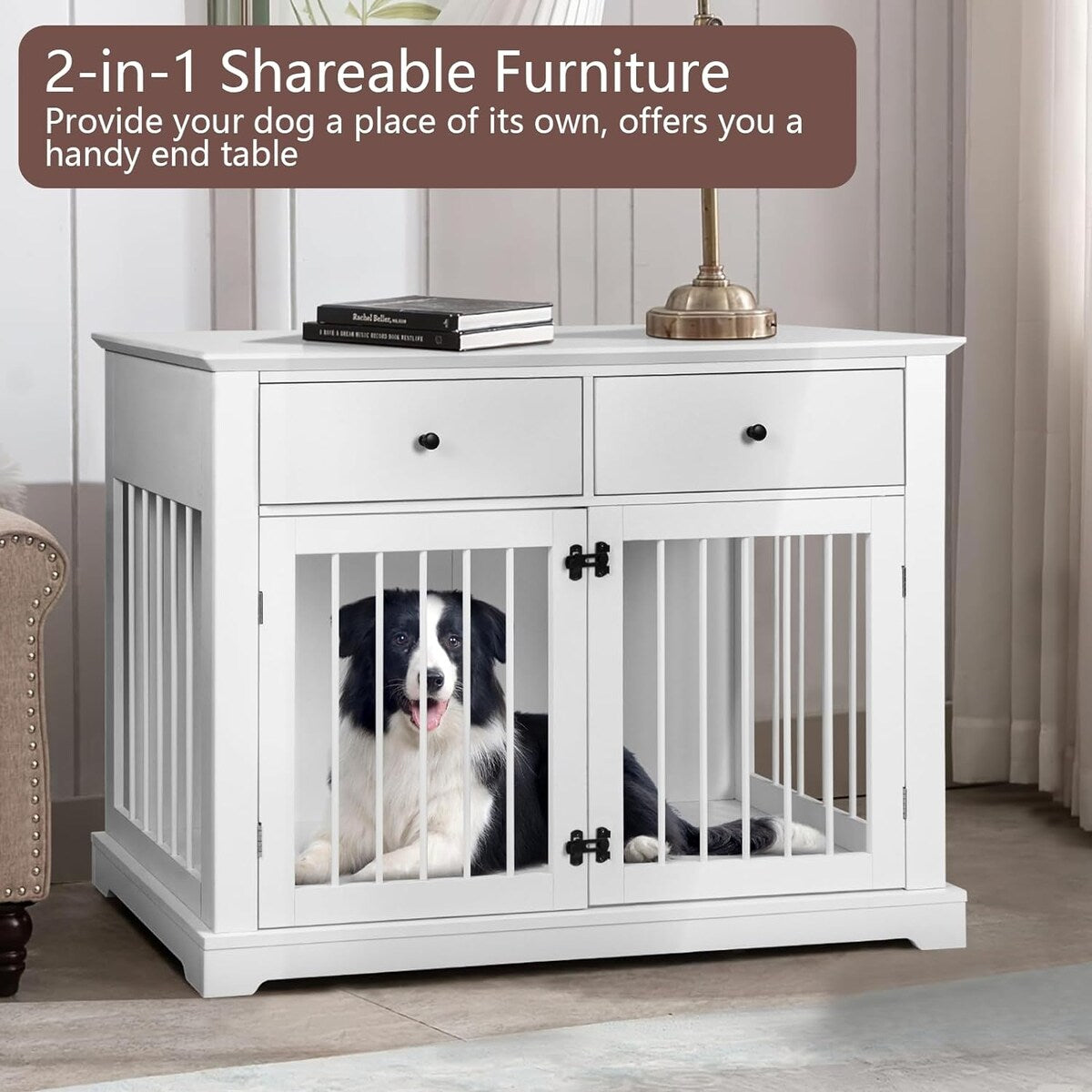 Cage pour chien Bossin de 111 cm de large, table d'appoint en bois avec tiroirs de rangement, niche décorative pour animaux de compagnie.