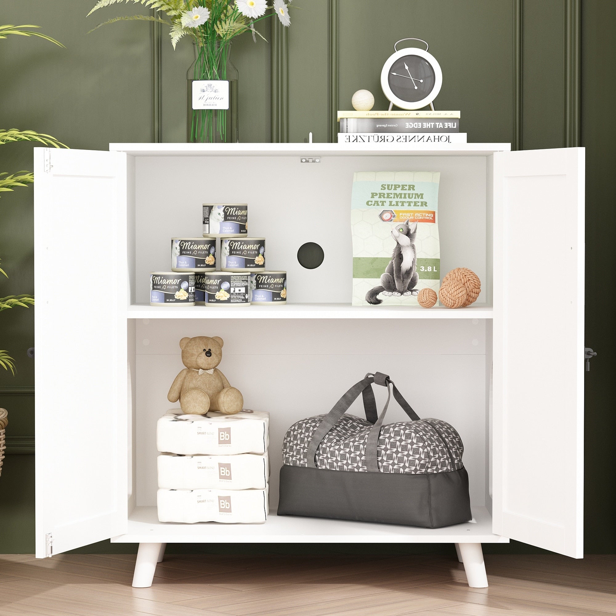 Bac à litière pour chat, maison pour chat, table d'appoint, porte, armoire, bibliothèque