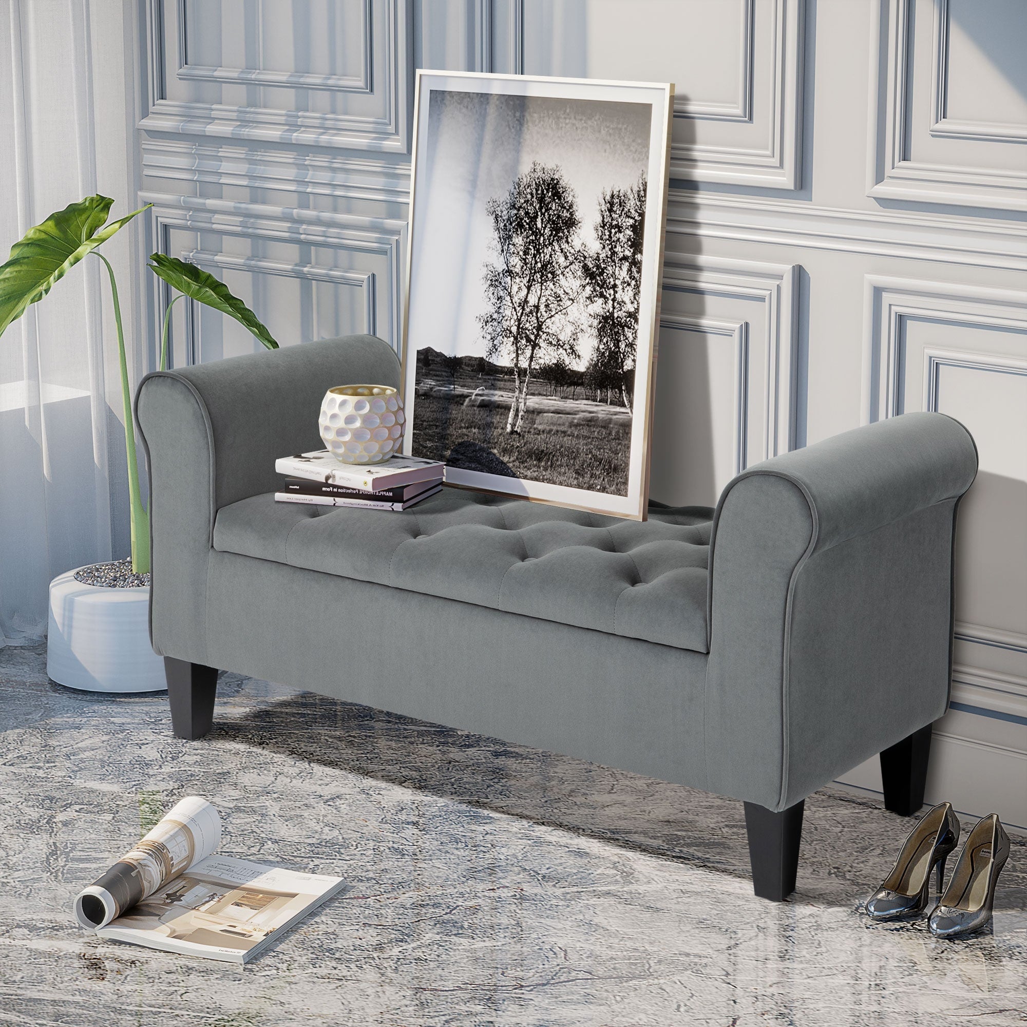 Banc ottoman de rangement capitonné à boutons HOMCOM, banc de lit rembourré avec accoudoirs roulés pour chambre, salon ou couloir