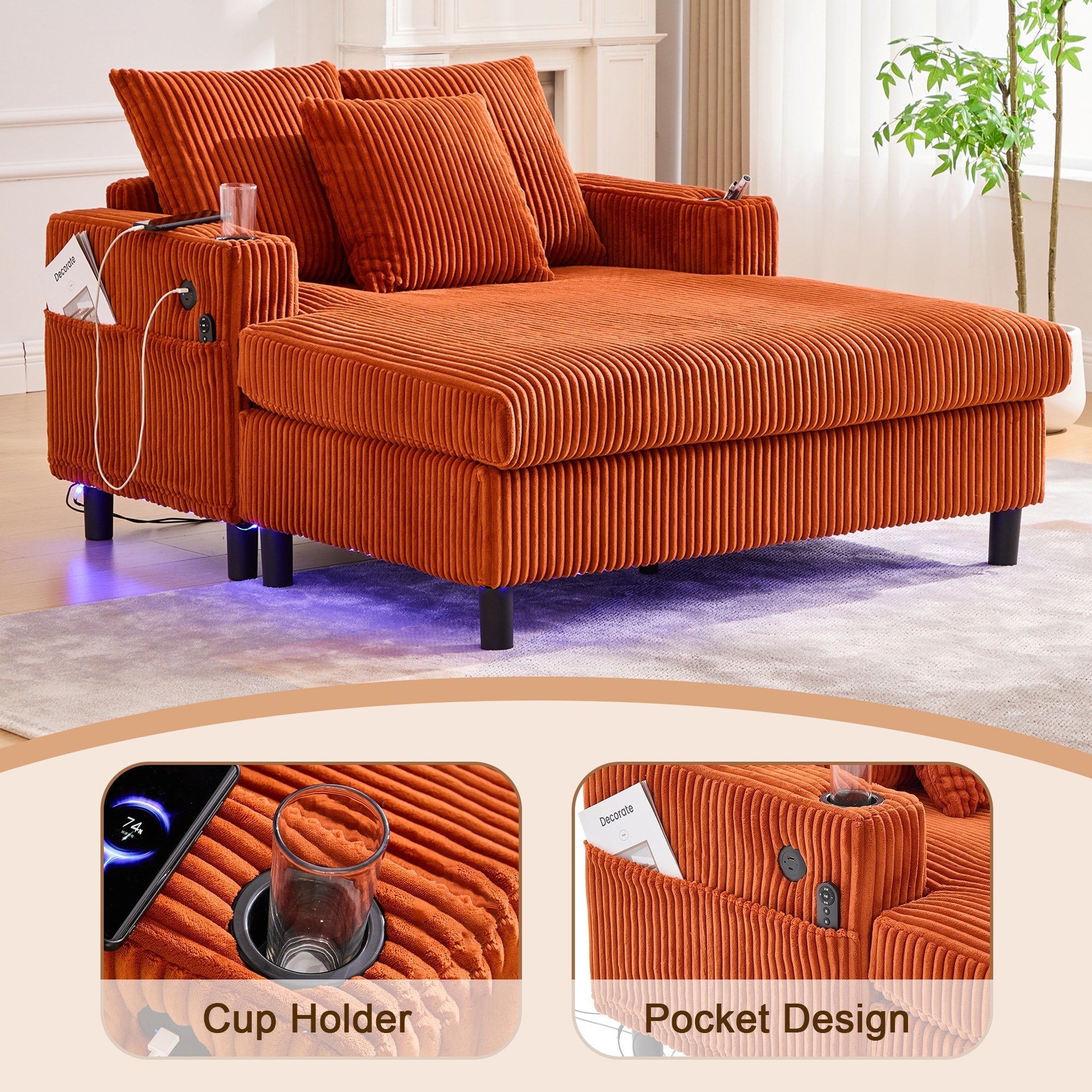 Canapé-lit inclinable surdimensionné HOMEFUN en velours côtelé avec éclairage LED RVB, porte-gobelet, port USB et 3 oreillers