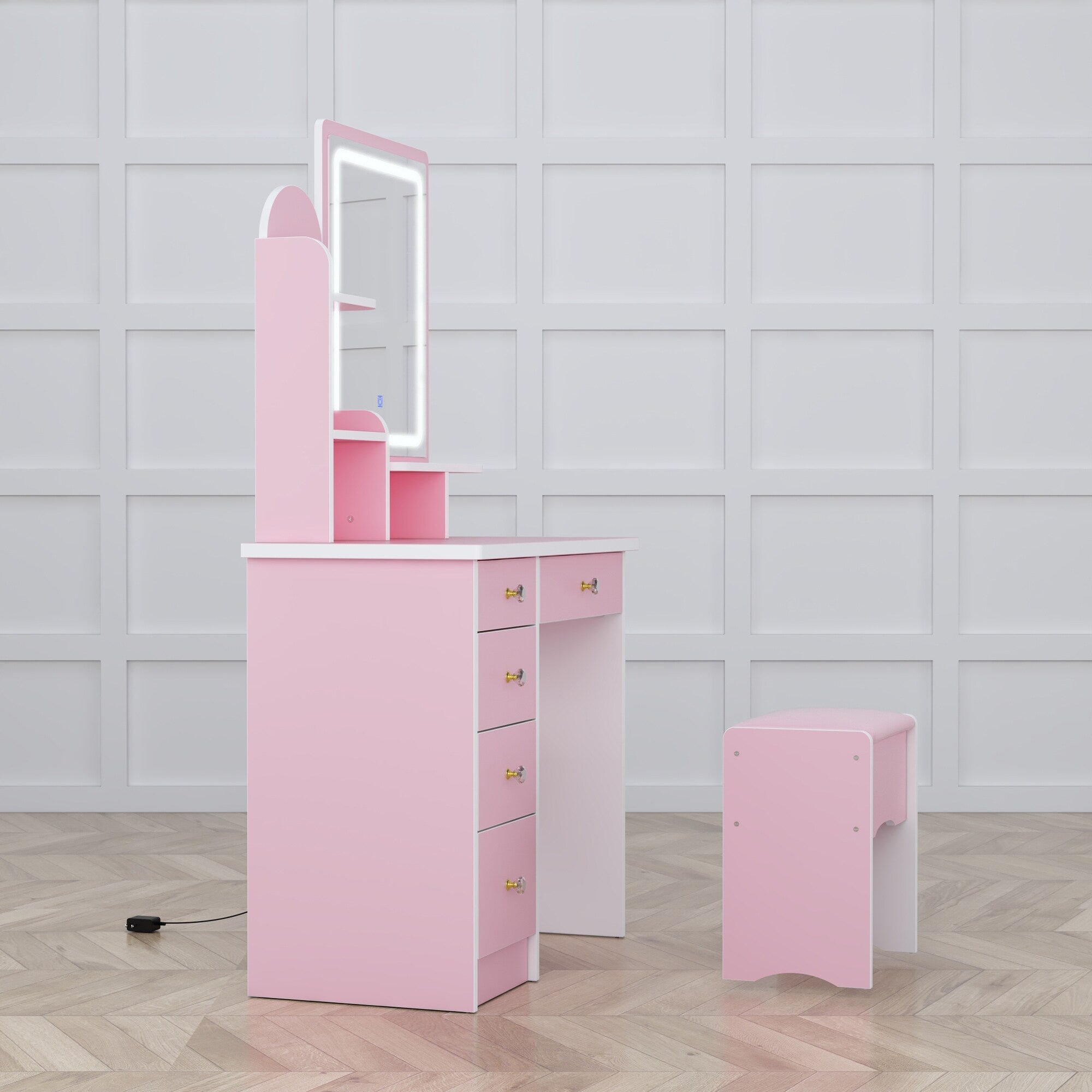 Coiffeuse avec table et tabouret, miroir et éclairage LED