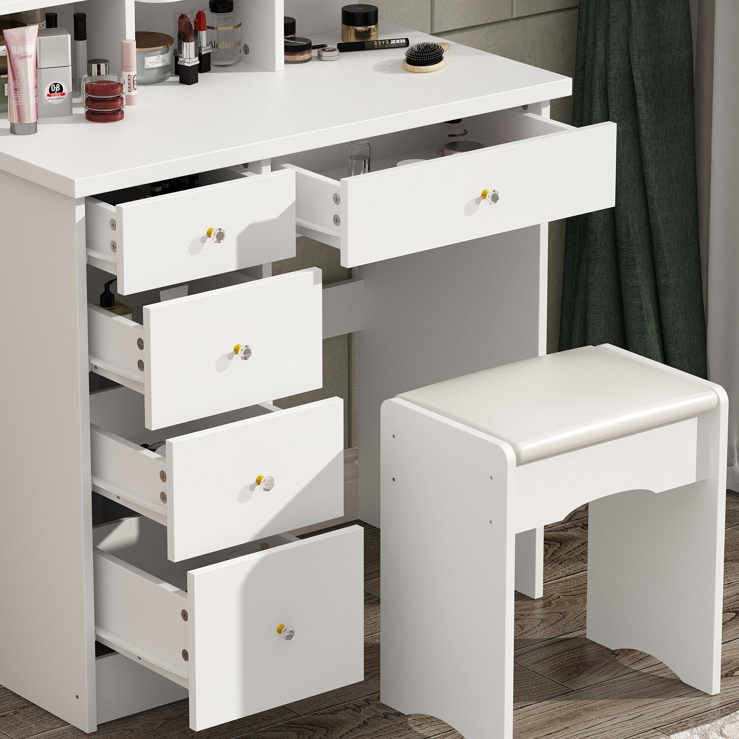 Coiffeuse avec table et tabouret, miroir et éclairage LED