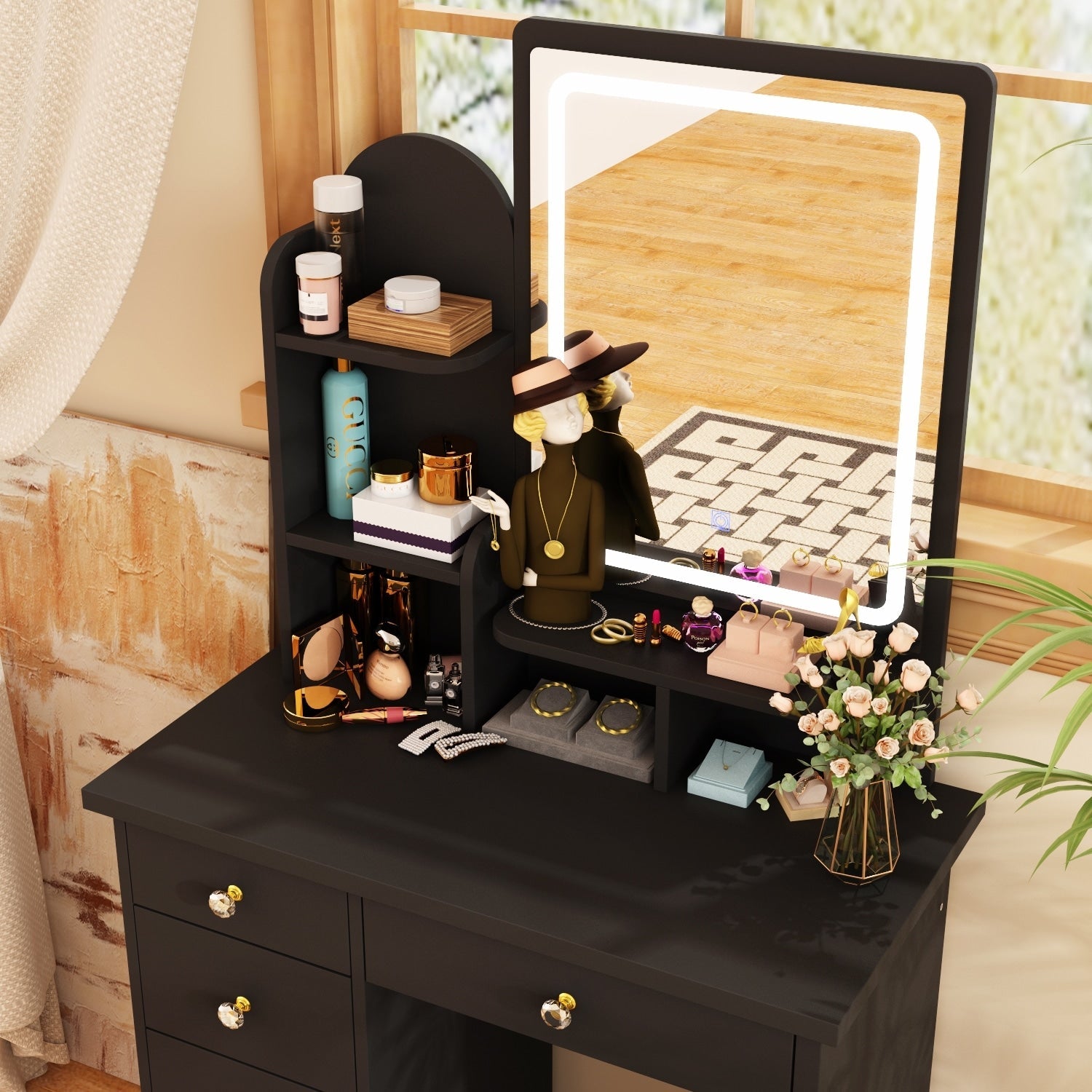 Coiffeuse avec table et tabouret, miroir et éclairage LED