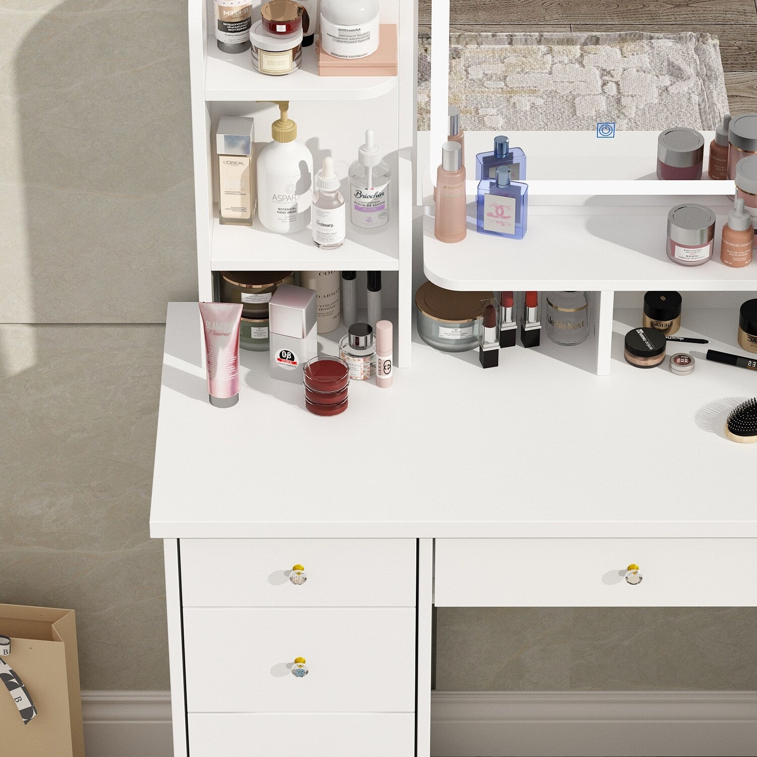 Coiffeuse avec table et tabouret, miroir et éclairage LED