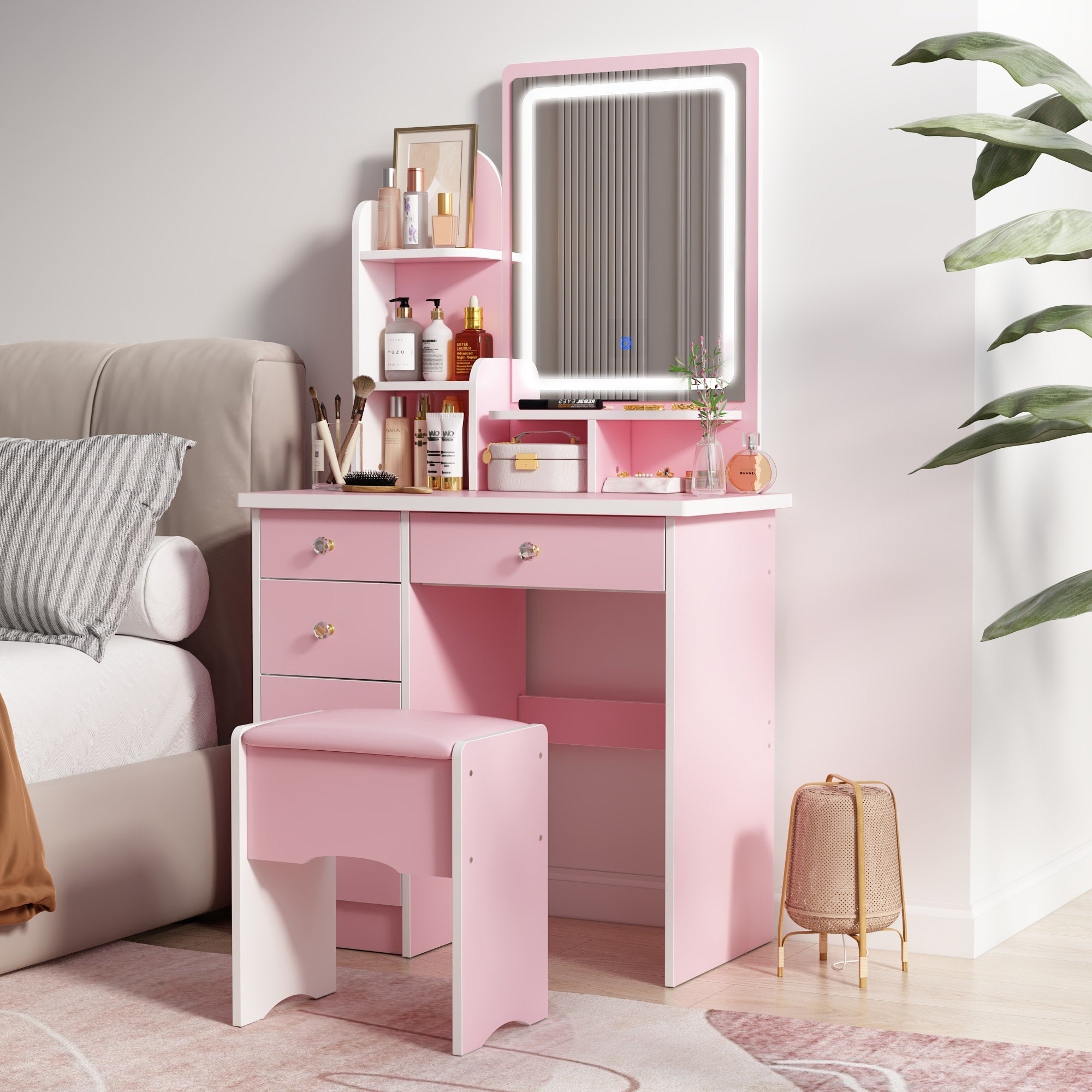 Coiffeuse avec table et tabouret, miroir et éclairage LED