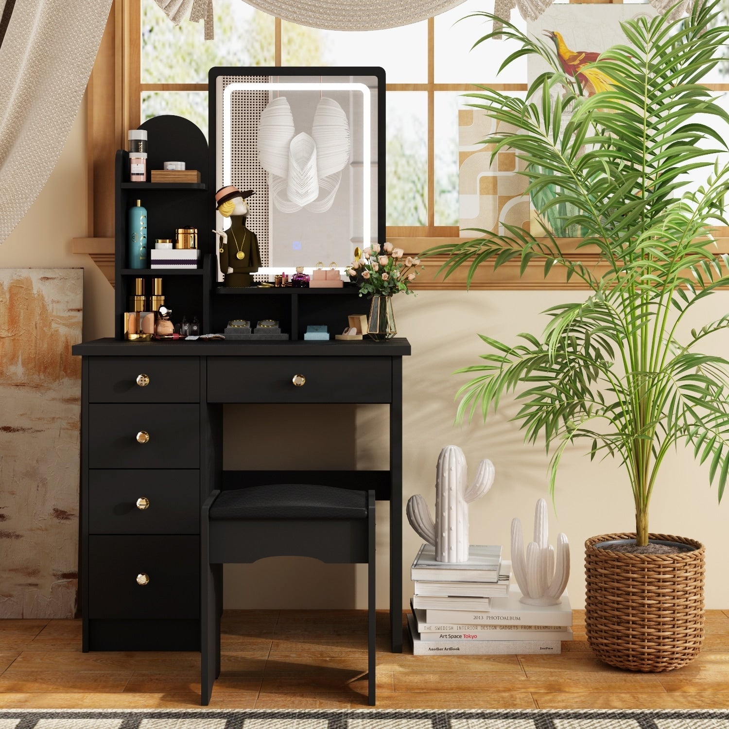 Coiffeuse avec table et tabouret, miroir et éclairage LED