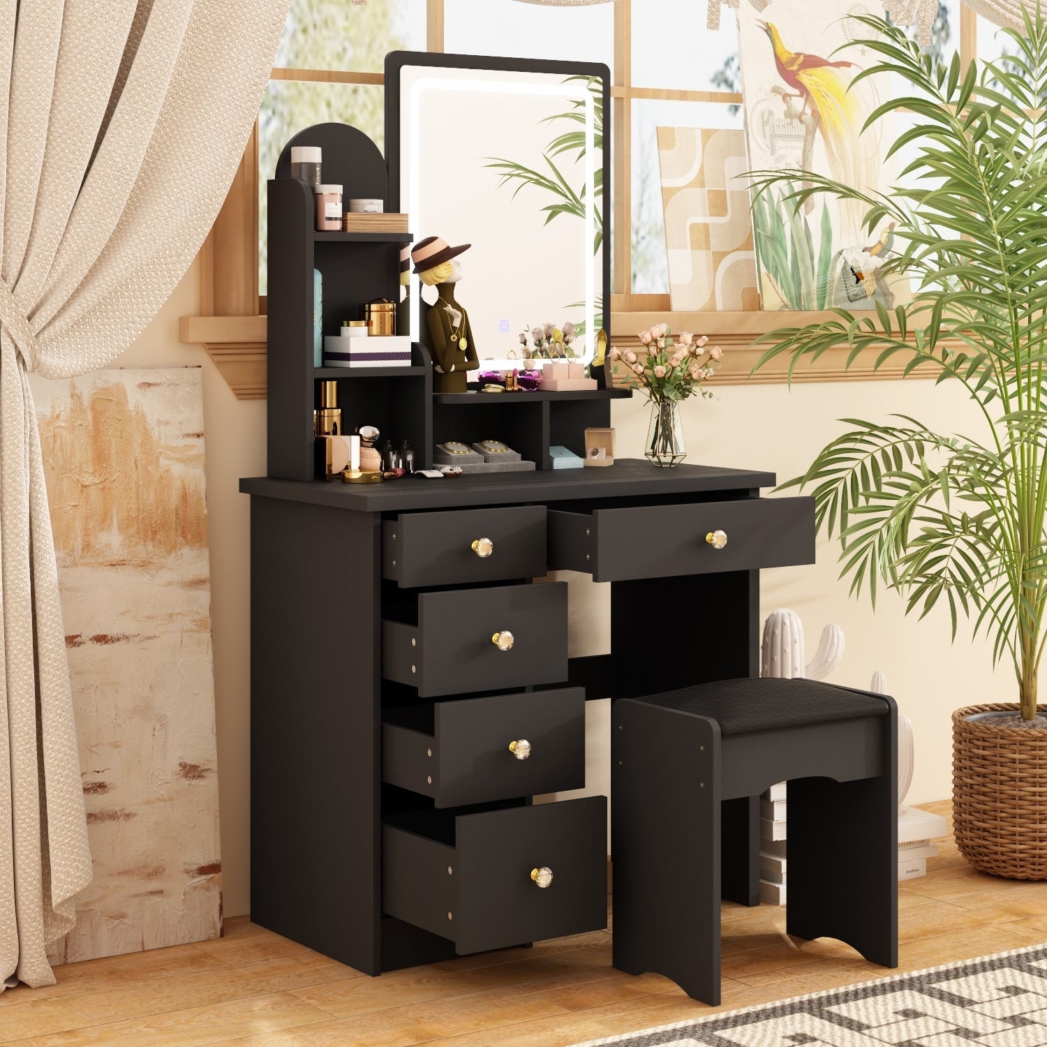 Coiffeuse avec table et tabouret, miroir et éclairage LED