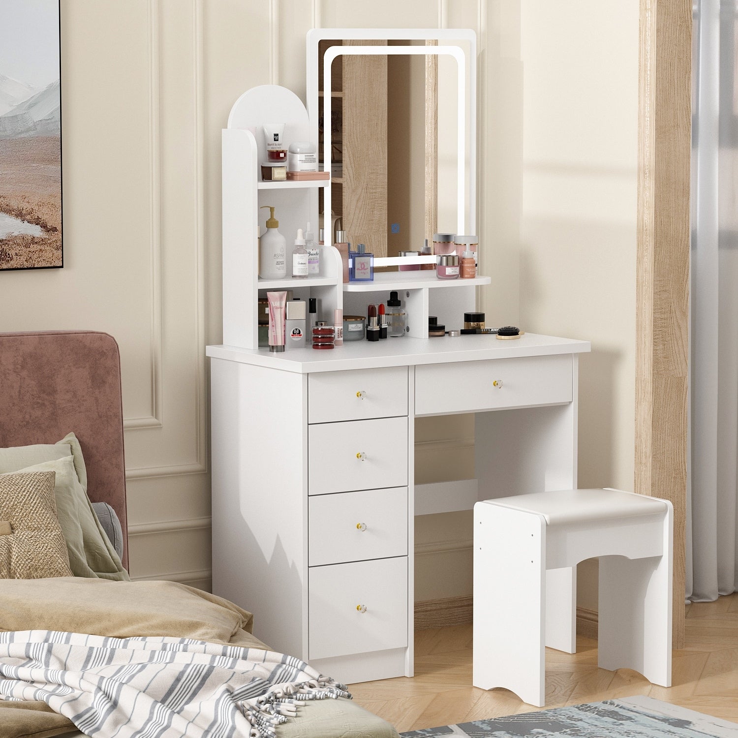 Coiffeuse avec table et tabouret, miroir et éclairage LED