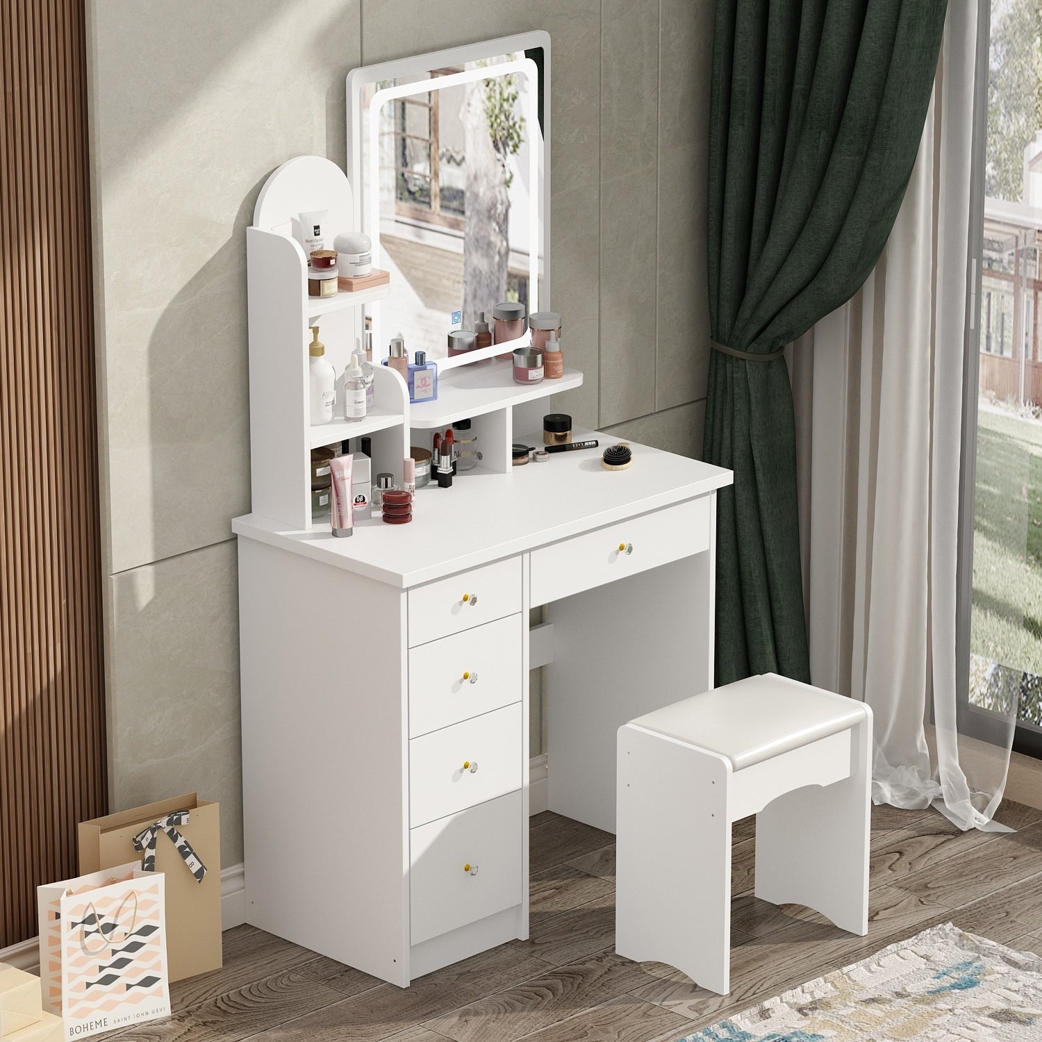 Coiffeuse avec table et tabouret, miroir et éclairage LED