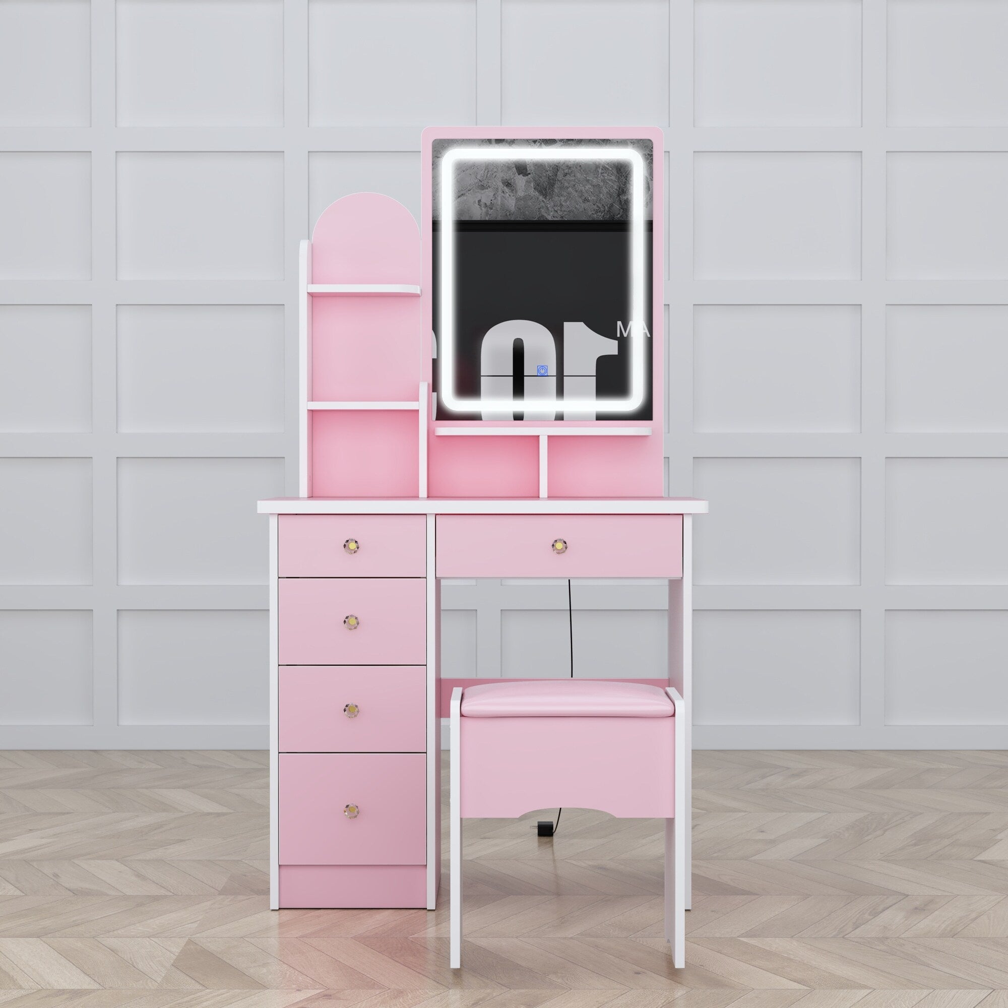 Coiffeuse avec table et tabouret, miroir et éclairage LED