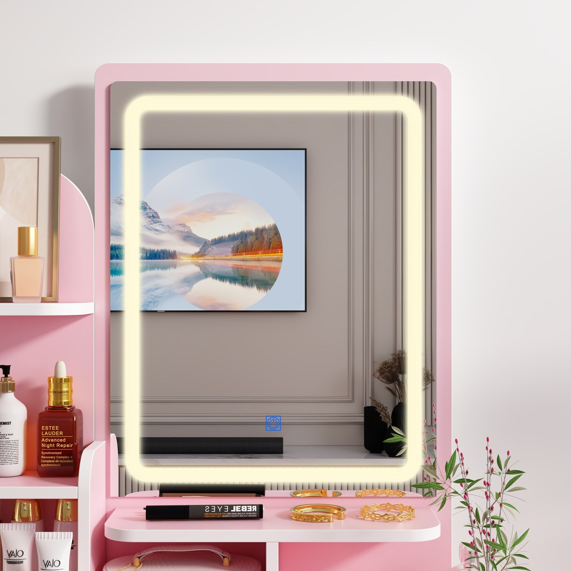 Coiffeuse avec table et tabouret, miroir et éclairage LED