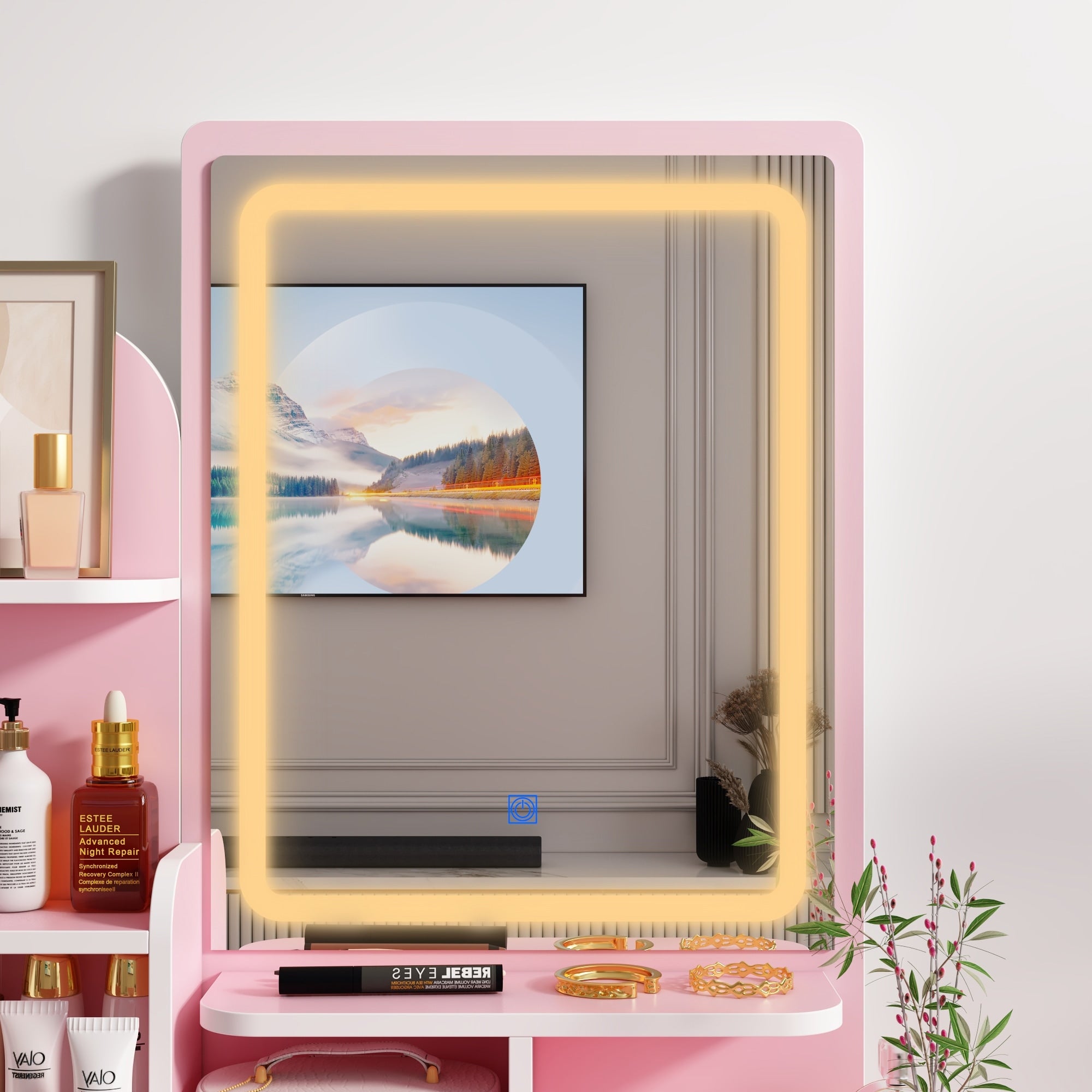 Coiffeuse avec table et tabouret, miroir et éclairage LED