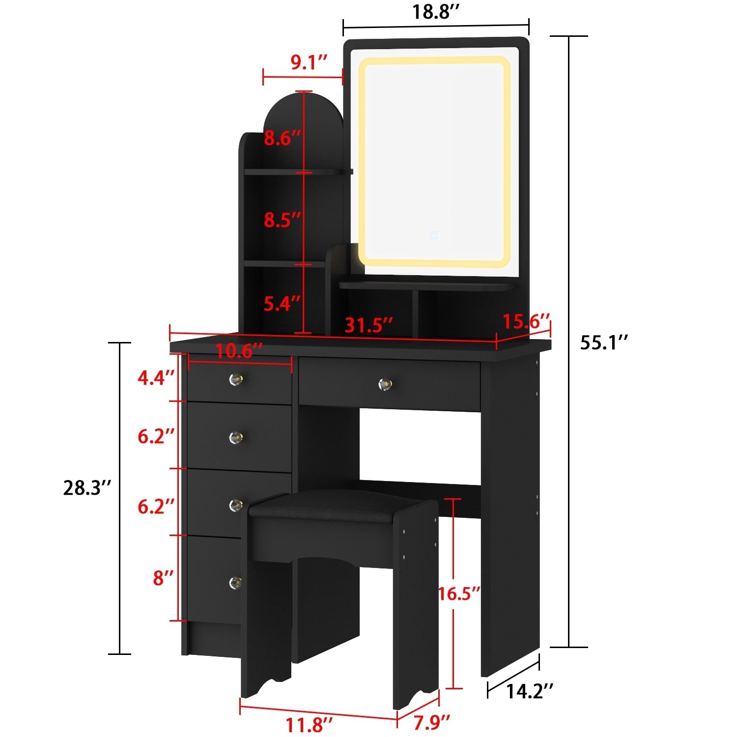 Coiffeuse avec table et tabouret, miroir et éclairage LED