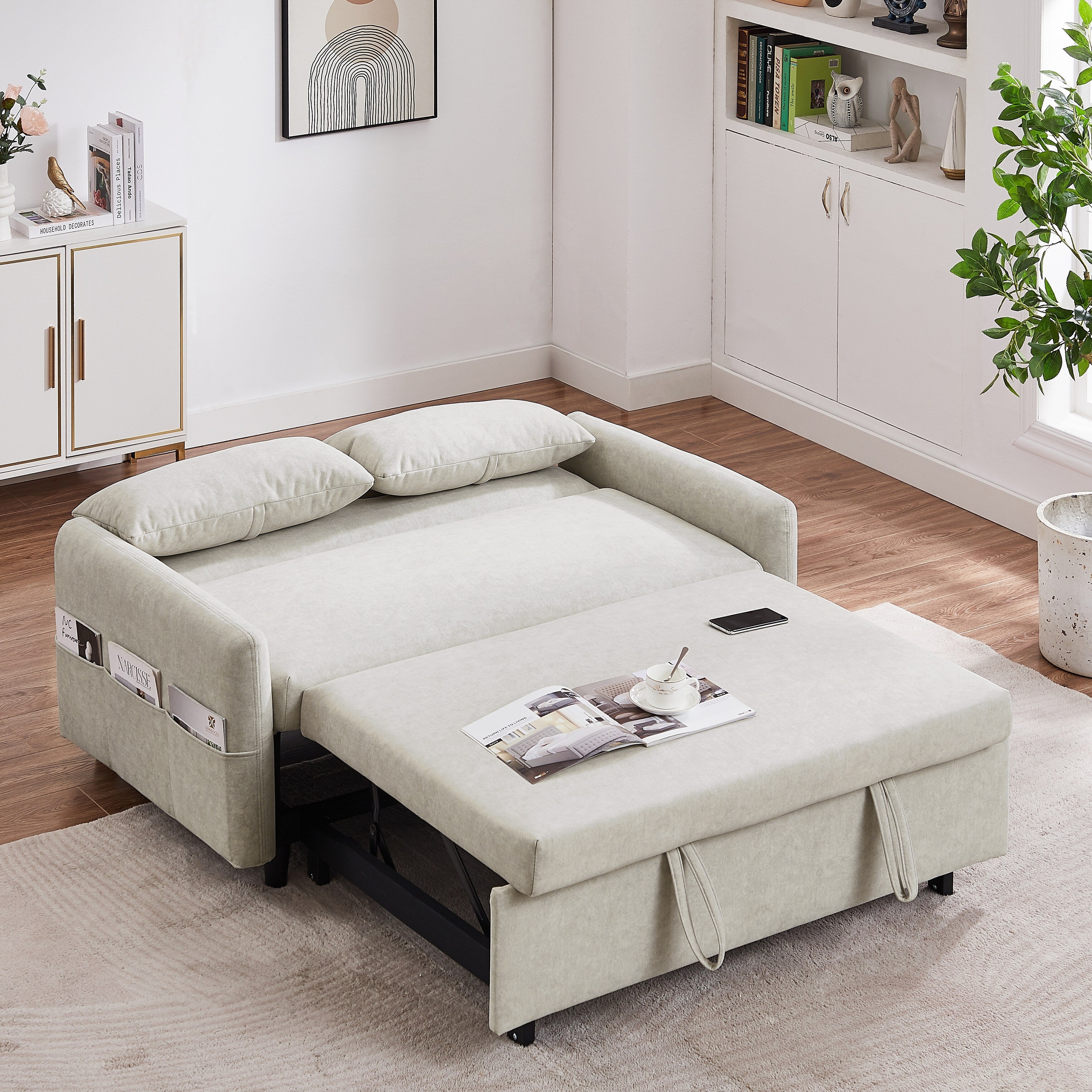 Canapé-lit 2 places moderne en microfibre avec dossier réglable, poches de rangement, 2 oreillers moelleux et ports USB.