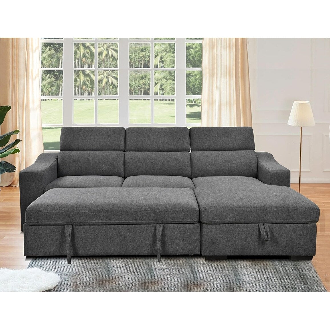 Canapé d'angle convertible Roomfitters 103 avec méridienne de rangement, appuie-têtes réglables et canapé-lit en L, gris foncé