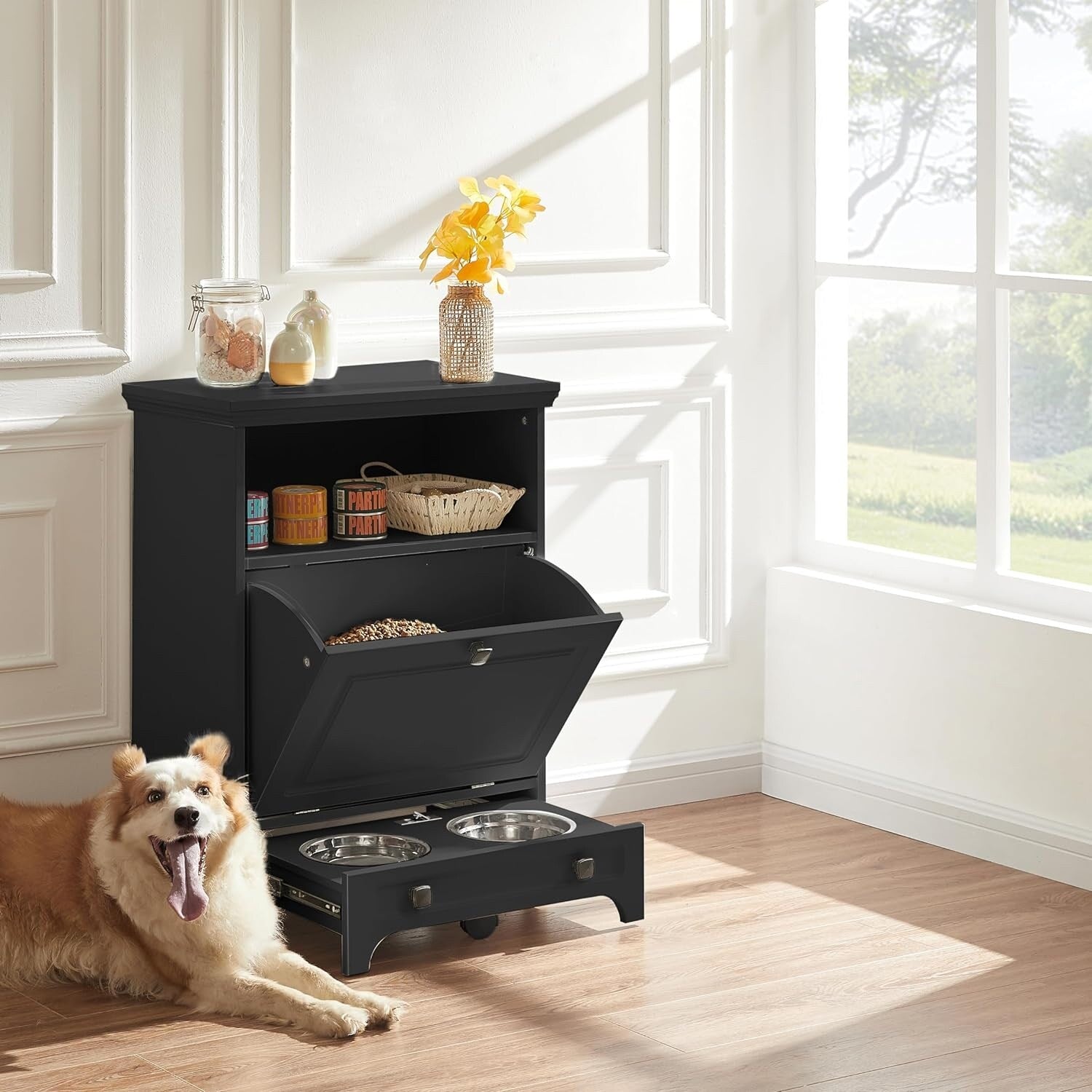 Station d'alimentation pour chiens Roomfitters avec 2 gamelles surélevées et armoire d'alimentation inclinable pour animaux de compagnie