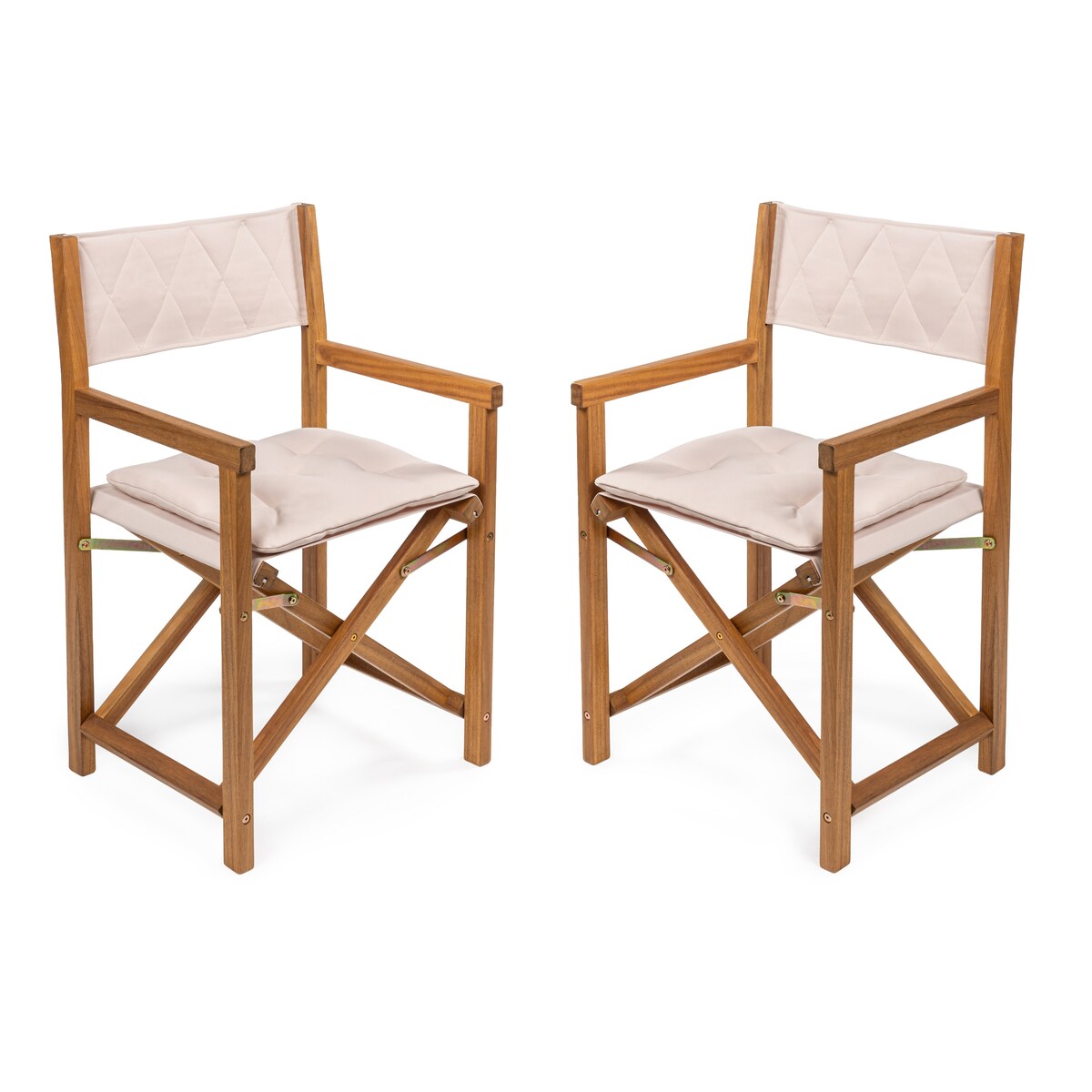Chaise de réalisateur d'extérieur pliable en bois d'acacia, style Mid-Century, avec dossier matelassé en losanges et coussin (lot de 2) par JONATHAN Y