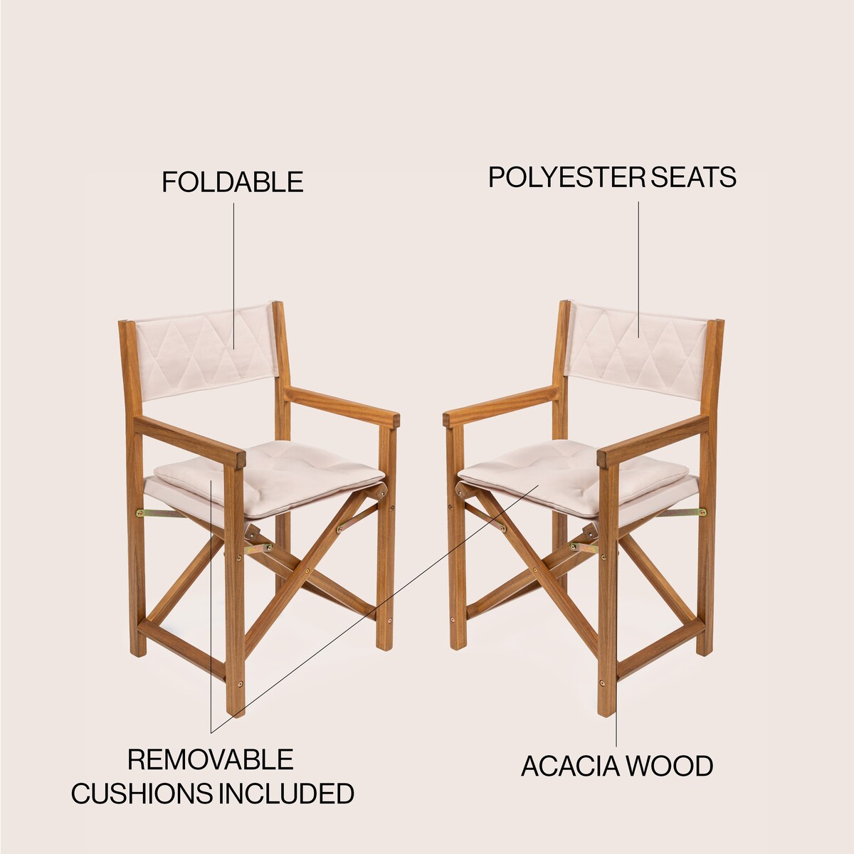 Chaise de réalisateur d'extérieur pliable en bois d'acacia, style Mid-Century, avec dossier matelassé en losanges et coussin (lot de 2) par JONATHAN Y