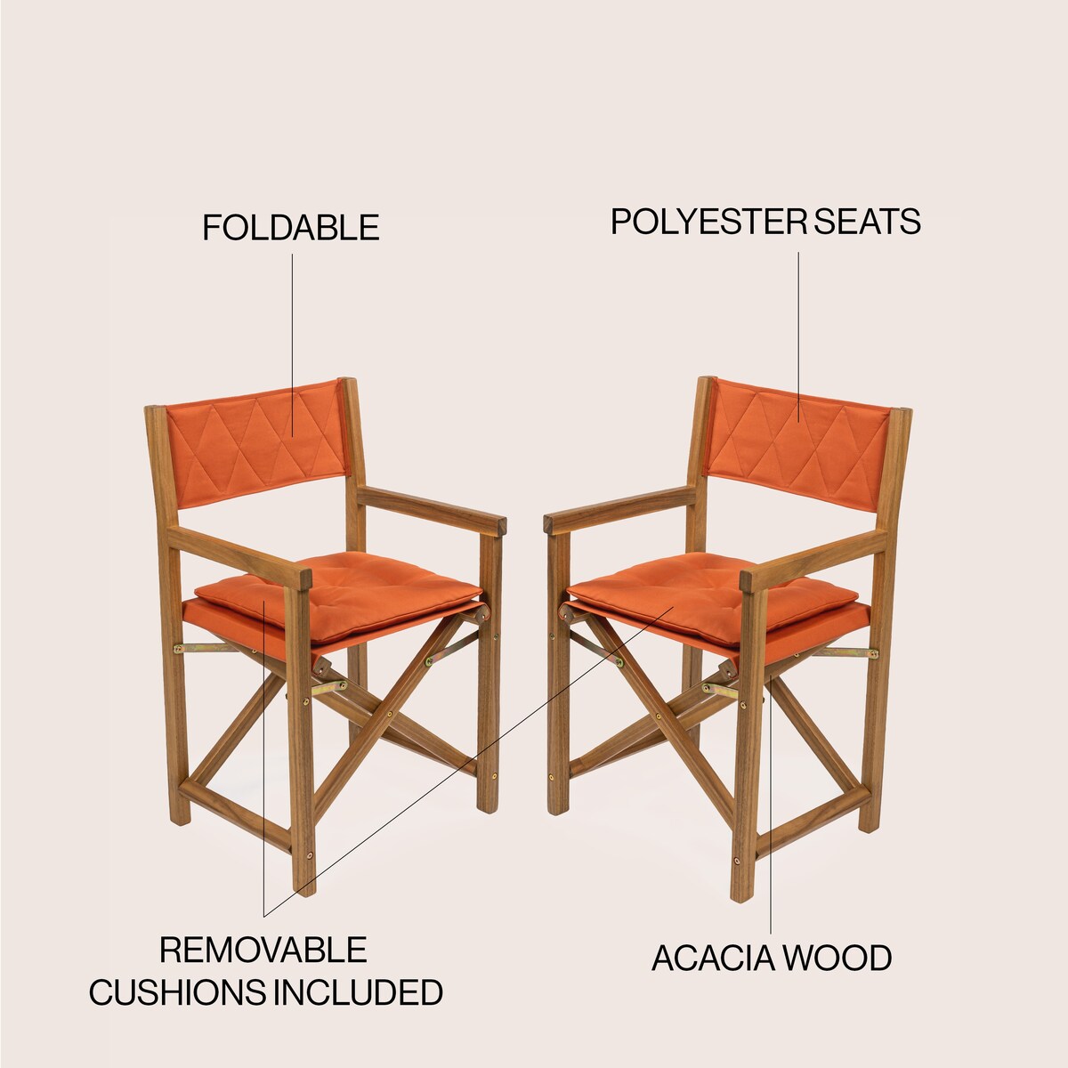 Chaise de réalisateur d'extérieur pliable en bois d'acacia, style Mid-Century, avec dossier matelassé en losanges et coussin (lot de 2) par JONATHAN Y